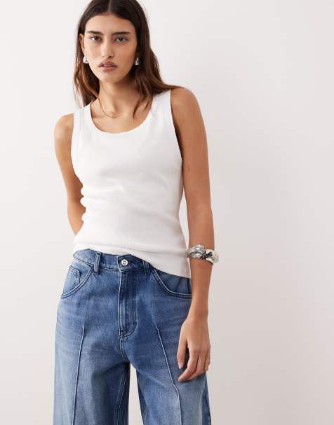 ARRANGE premium ribbed tank top with raw cotton trim in white - view 1