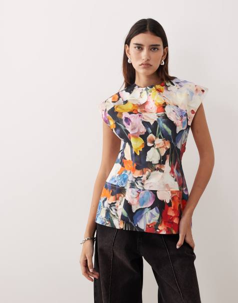 ARRANGE premium sleeveless longline top in blurred floral print - view 1