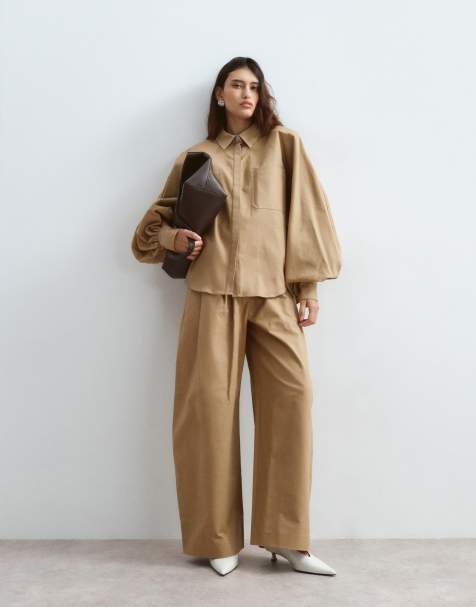 ARRANGE premium structured balloon sleeve shirt and Spence tailored wool trousers in camel - view 1