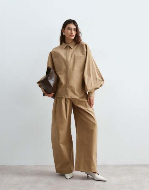 ARRANGE premium structured balloon sleeve shirt in camel - view 1