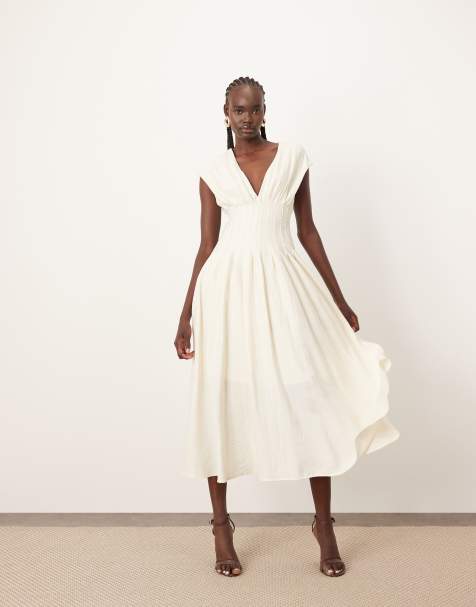 ARRANGE premium structured linen look pleat waist midi dress with tie back detail in natural - view 1