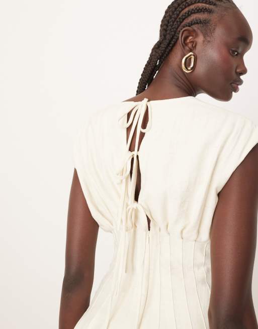 ARRANGE premium structured linen pleat waist midi dress with tie back detail in natural, 2 of 4