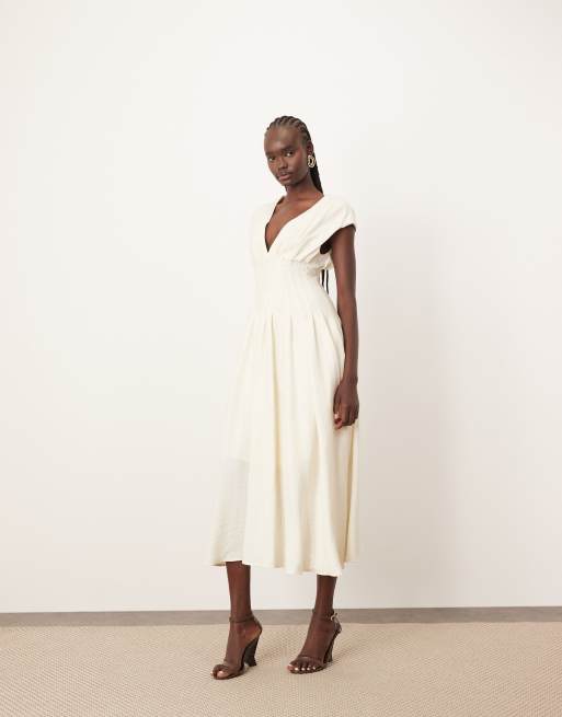 ARRANGE premium structured linen pleat waist midi dress with tie back detail in natural, 3 of 4