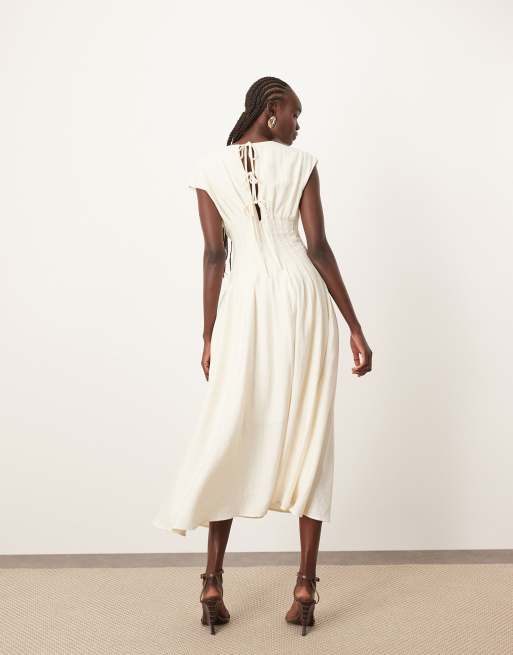 ARRANGE premium structured linen pleat waist midi dress with tie back detail in natural, 4 of 4