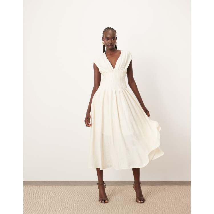 ARRANGE premium structured linen pleated waist midi dress with tie back  detail in natural | ASOS