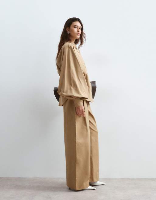 ARRANGE premium structured balloon sleeve shirt and Spence tailored wool trousers in camel, 2 of 4