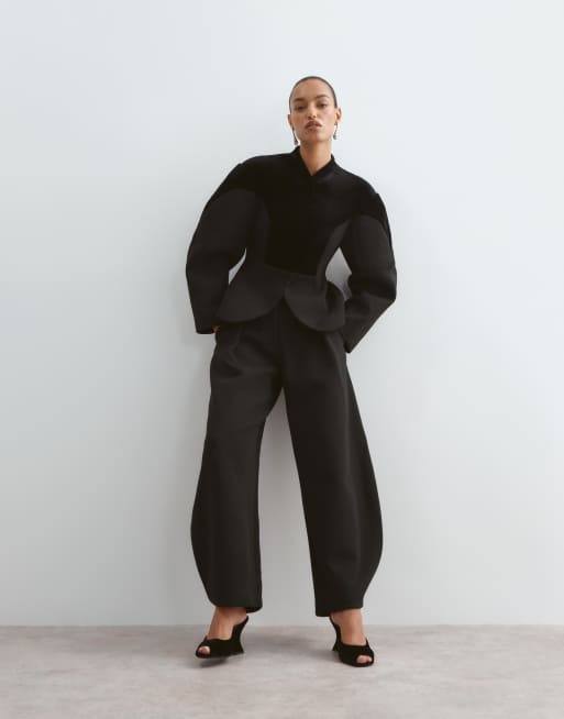 ARRANGE ovoid sleeve velvet panel blazer, midi skirt and barrel leg pants in black, 2 of 4
