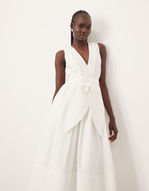 ARRANGE premium textured midi dress with v front in white