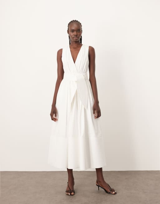 ARRANGE premium textured midi dress with v front in white