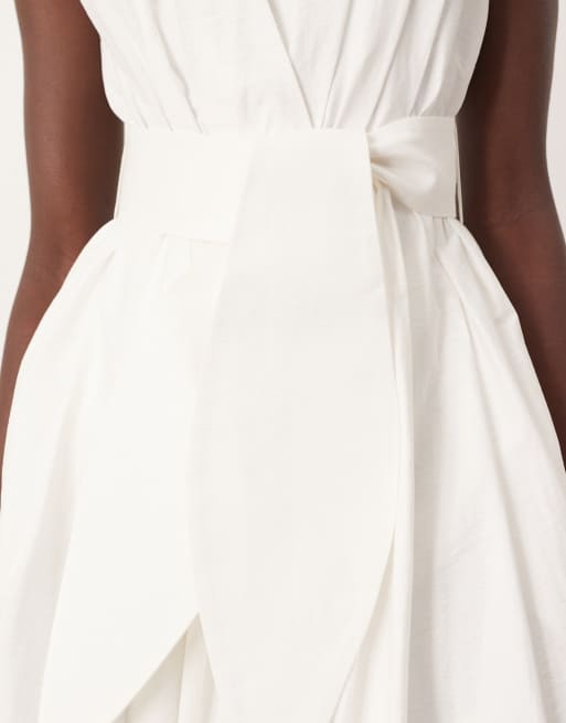 ARRANGE premium textured midi dress with v front in white