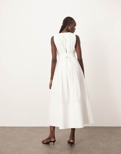 ARRANGE premium textured midi dress with v front in white