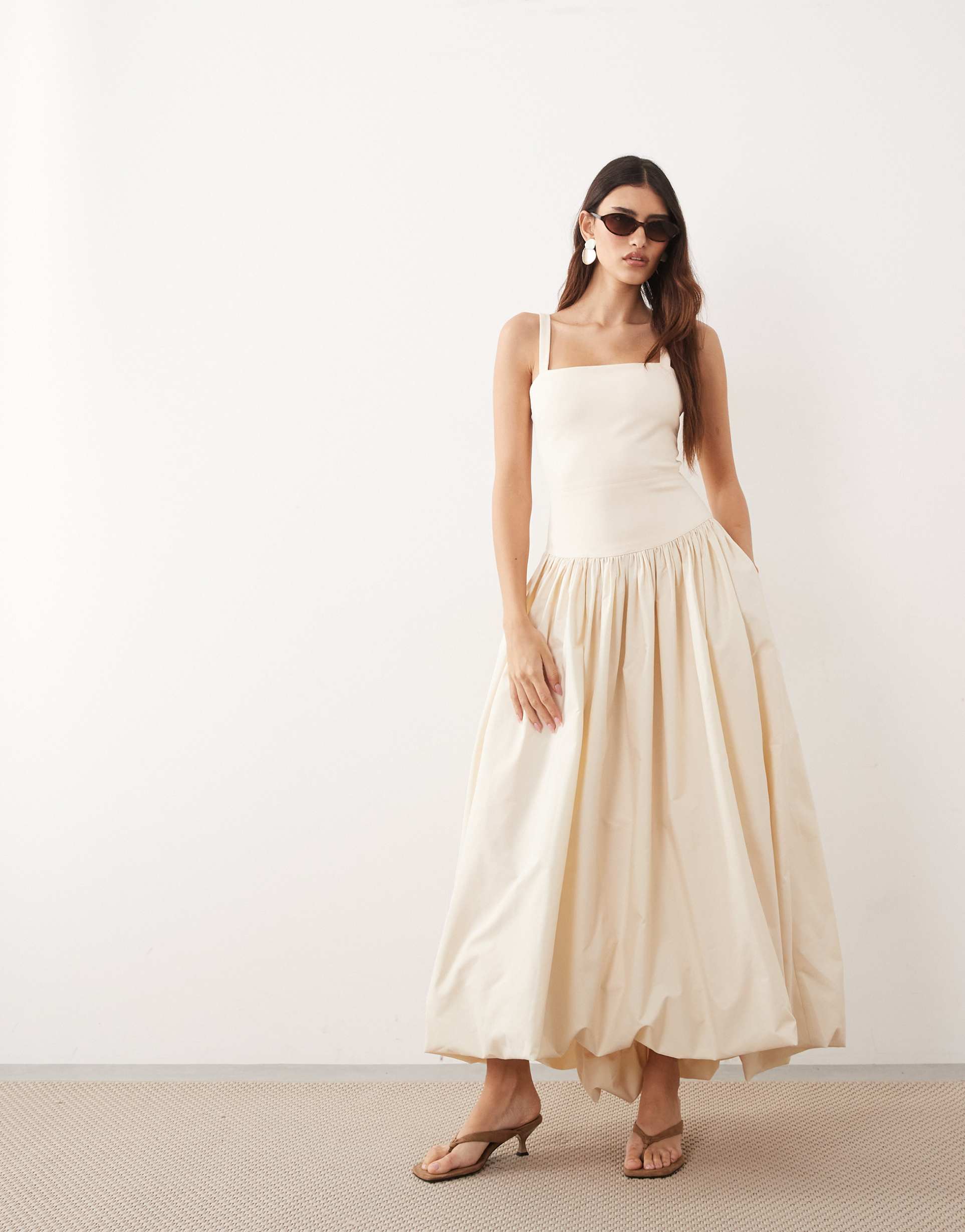 arrange premium waisted dress with puffball hem in ecru