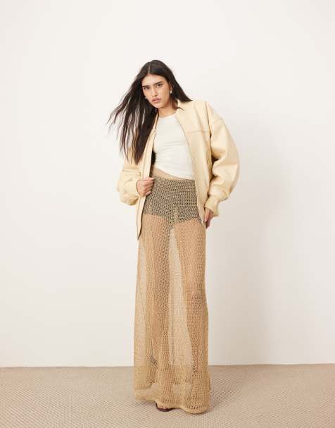 ARRANGE metallic knitted sheer sweeping maxi skirt in gold