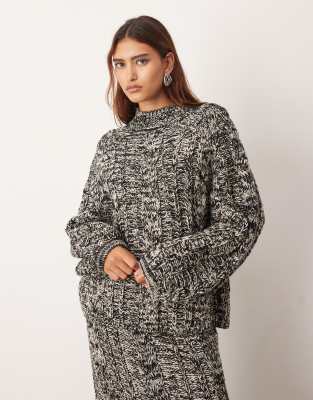 Pull d'ensemble en maille torsadée à col montant et manches volumineuses - Noir et blanc-Multicolore 2XS