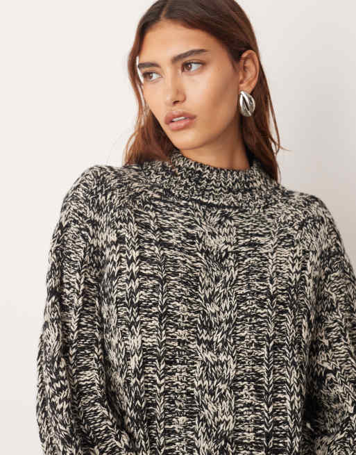 ARRANGE - Pull d'ensemble en maille torsadée à col montant et manches volumineuses - Noir et blanc, 2 de 4