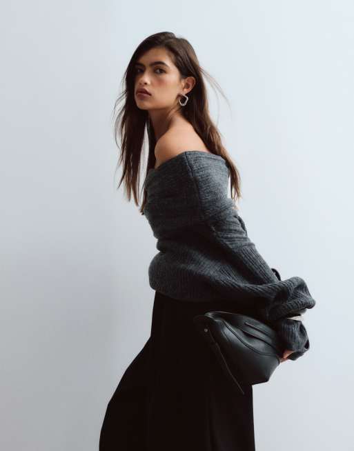 ARRANGE - Pull en maille côtelée épaisse à épaules dénudées - Gris doux, 2 de 4