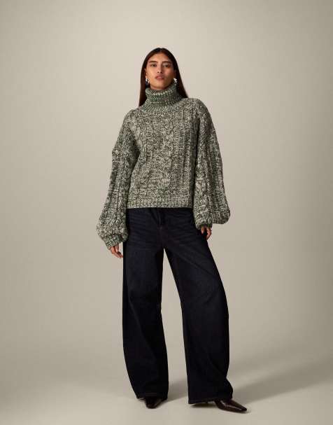 ARRANGE - Pull en maille torsadée à col montant - Vert et crème - view 1