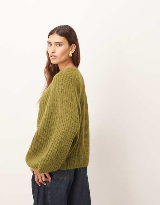 ARRANGE - Pull oversize en maille côtelée de laine mélangée - Kaki, 4 de 4
