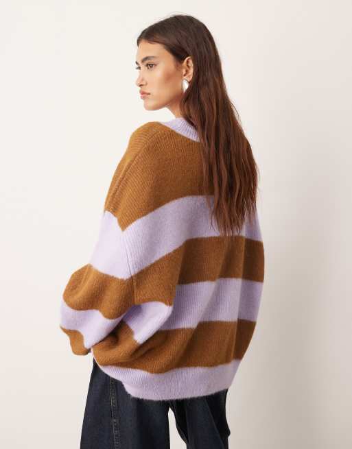 ARRANGE - Pull oversize ras de cou en maille rayée - Lilas et marron, 4 de 4