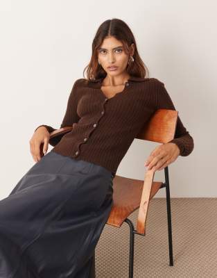 ARRANGE ARRANGE pure merino rib knit collared button through top in chocolate-Brown