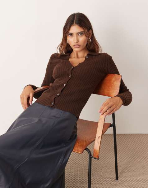 ARRANGE pure merino ribbed knit collared button up top in chocolate - view 1
