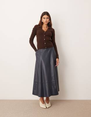 Arrange Pure Merino Ribbed Knit Collared Button Up Top In Brown