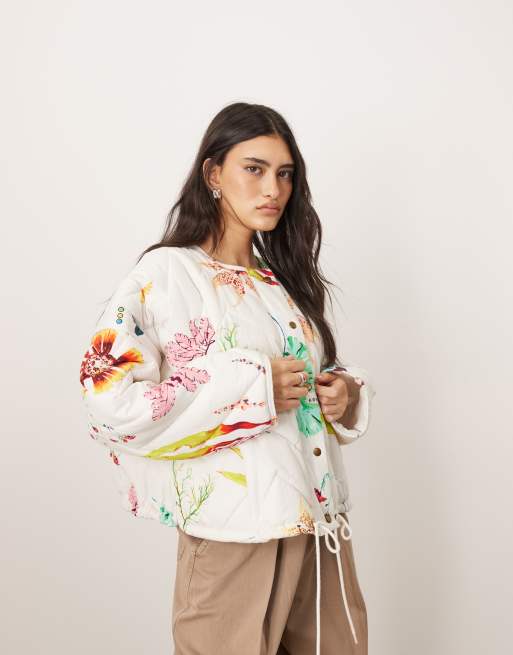 ARRANGE quilted bomber jacket in botanical floral