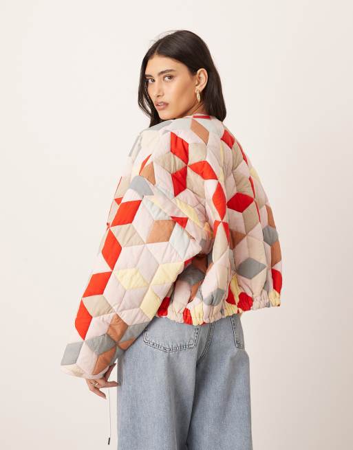 ARRANGE quilted bomber jacket in washed patchwork print | ASOS