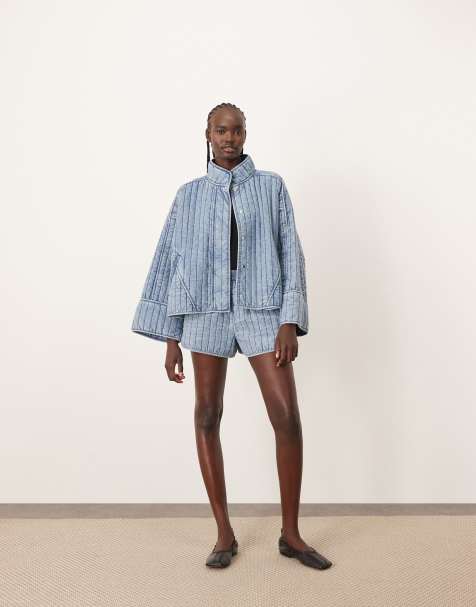 ARRANGE quilted distressed-look boxy jacket and shorts set with wide sleeves in washed blue - view 1