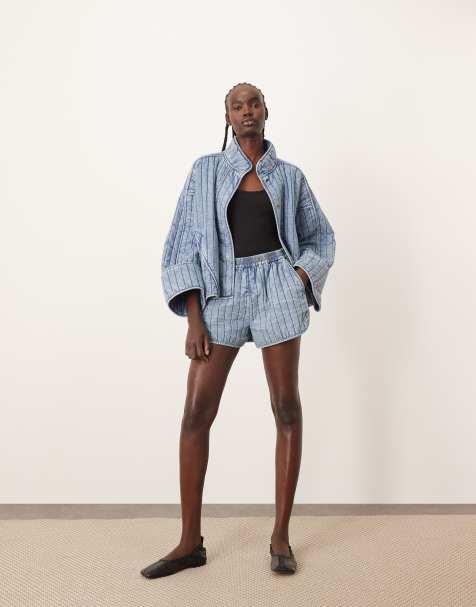 ARRANGE  quilted distressed-look casual short co-ord with pockets in washed blue - view 1