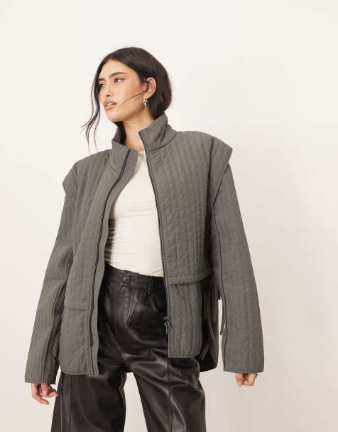 ARRANGE quilted layered shacket with tie detail in charcoal - view 1