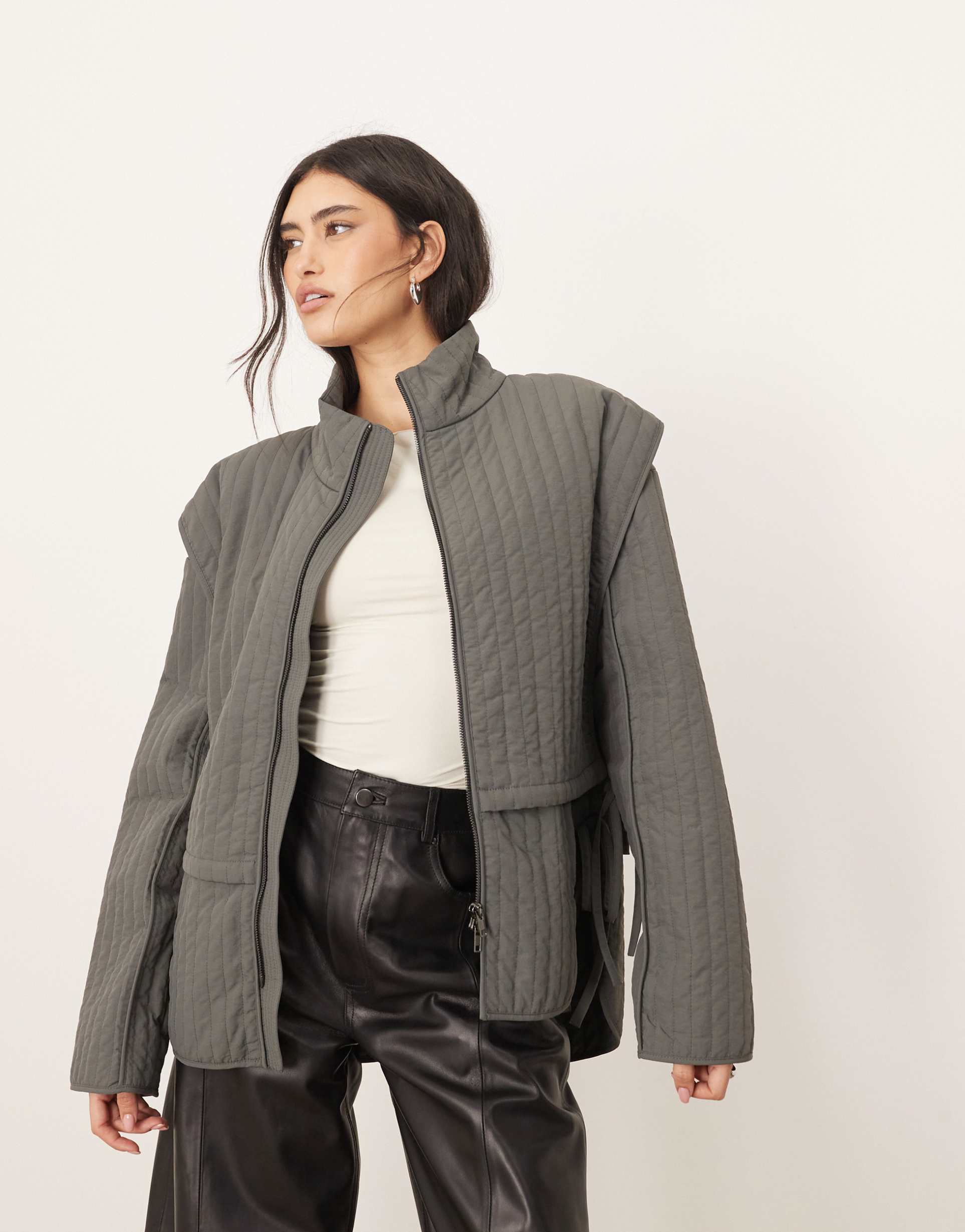 arrange quilted layered shacket with tie detail in charcoal