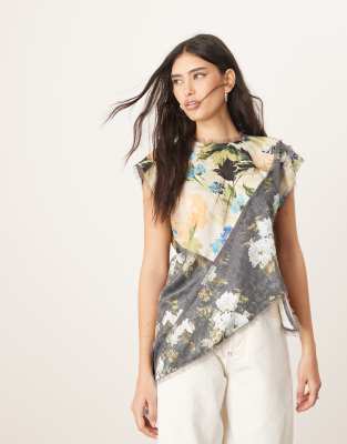 ARRANGE ARRANGE racer neck asymmetric top with colourblock detail in floral print-Multi