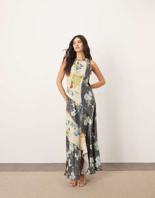 ARRANGE racer neck midi dress with color block detail in floral print