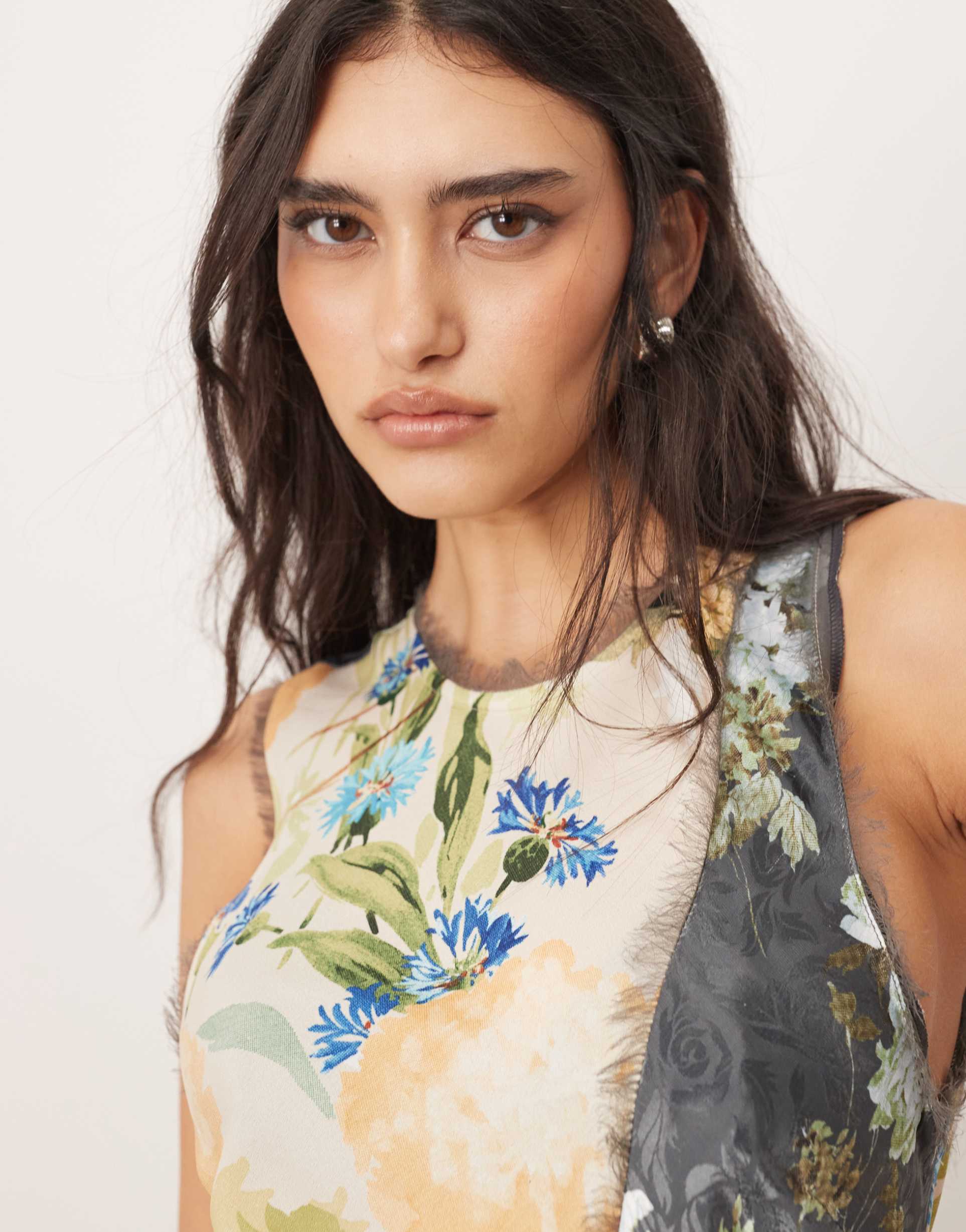 arrange racer neck midi dress with color block detail in floral print