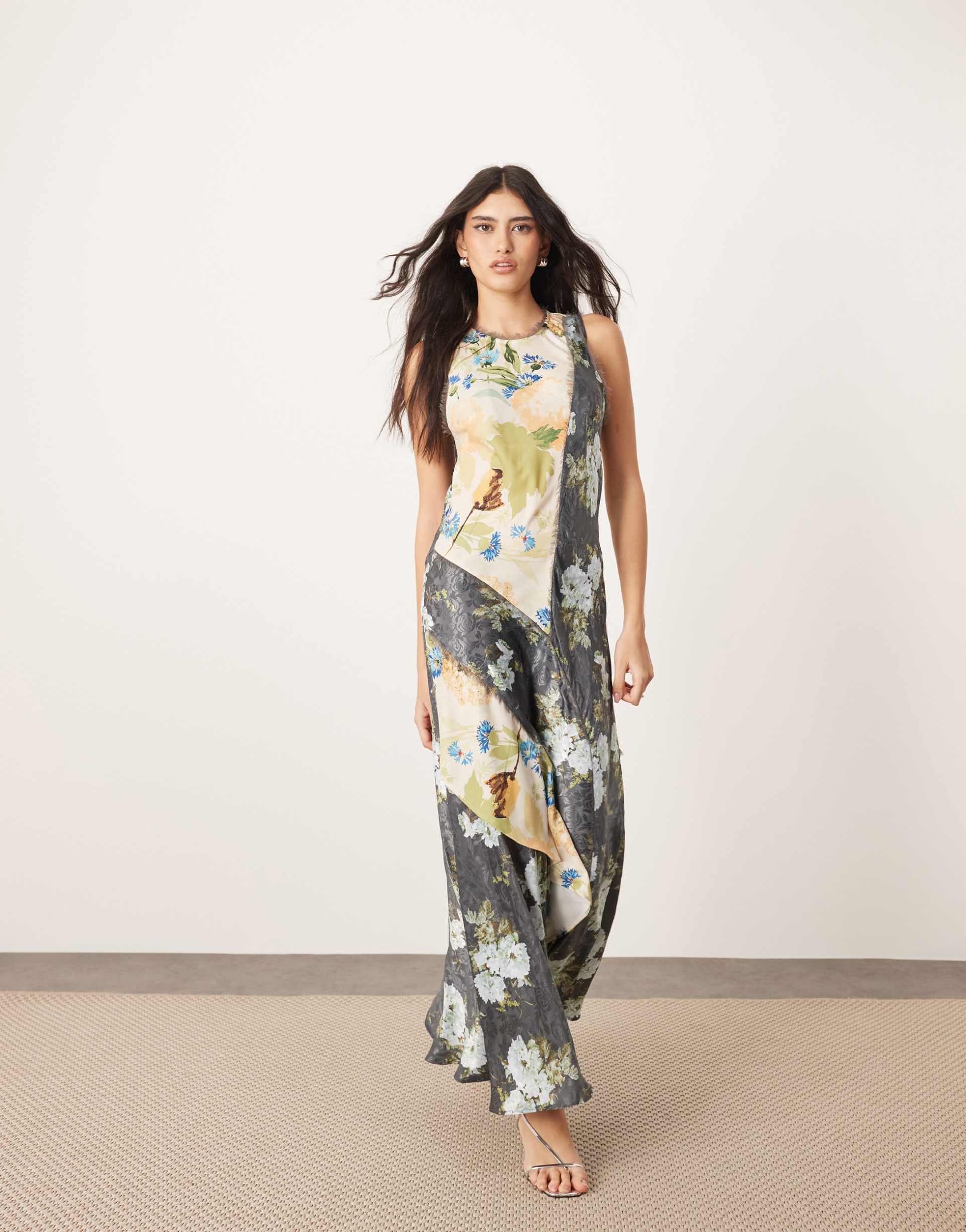 arrange racer neck midi dress with color block detail in floral print