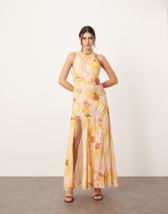 ASOS DESIGN mesh halterneck midi dress with sweeping sash skirt in pastel floral print