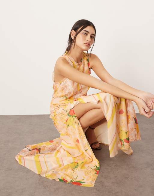 ARRANGE racer neck raw edge paneled maxi dress in peach
