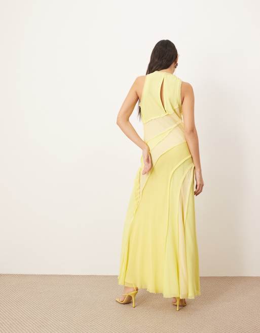 ARRANGE racer neck raw edge paneled maxi dress in yellow | ASOS