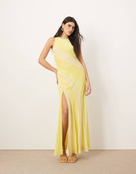 ARRANGE racer neck raw edge panelled maxi dress in yellow - view 1