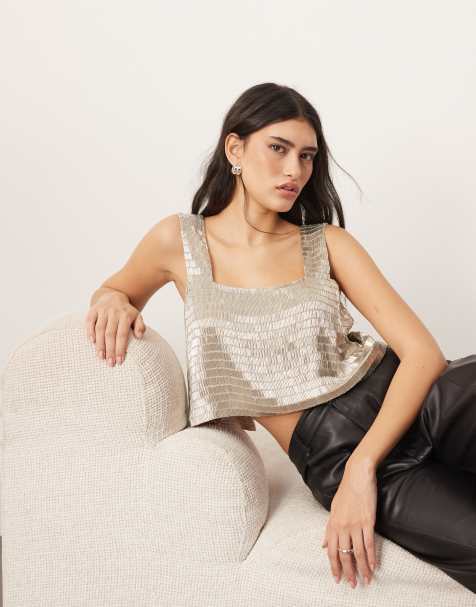 ARRANGE - Rechte crop top met vierkante hals en kralenversiering in zilver - view 1