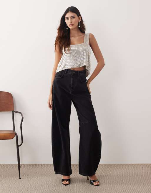 ARRANGE - Rechte crop top met vierkante hals en kralenversiering in zilver, 2 van 4