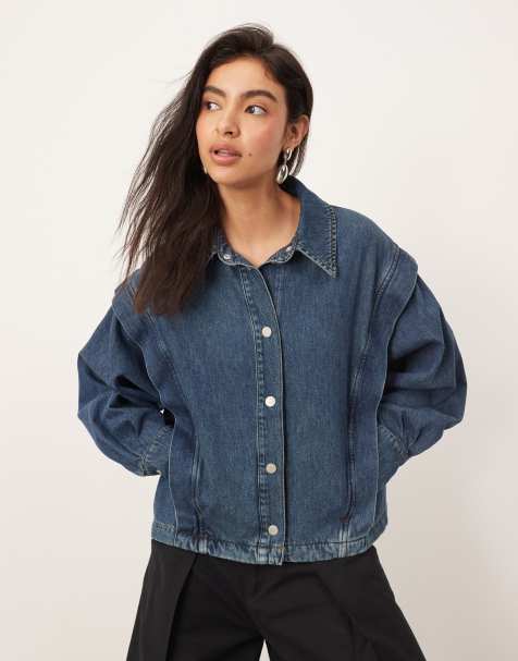 ARRANGE - Rechte denim shacket met plooidetail in middenblauw - view 1