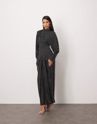 ARRANGE rhinestone embellished drape neck strong shoulder maxi dress with open back in black