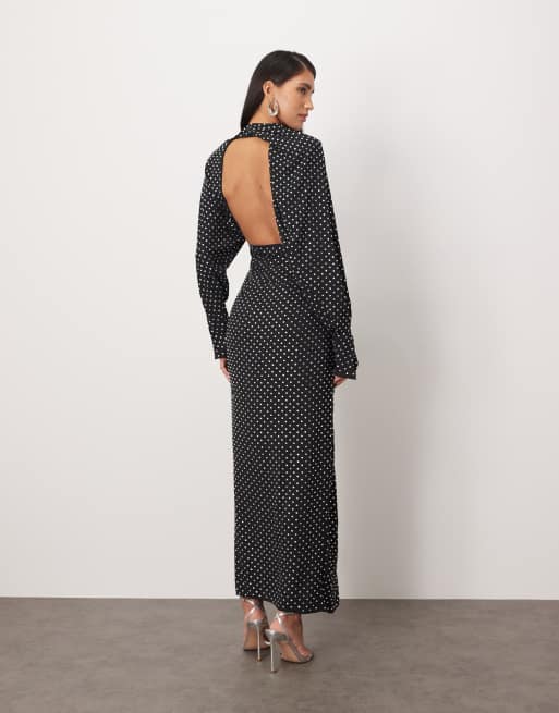 ARRANGE rhinestone embellished drape neck strong shoulder maxi dress with open back in black