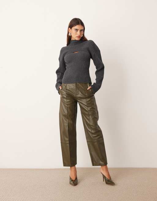 ARRANGE rib knit high neck layered jumper in charcoal, 3 of 4