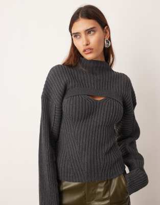 Arrange Rib Knit High Neck Layered Sweater In Gray