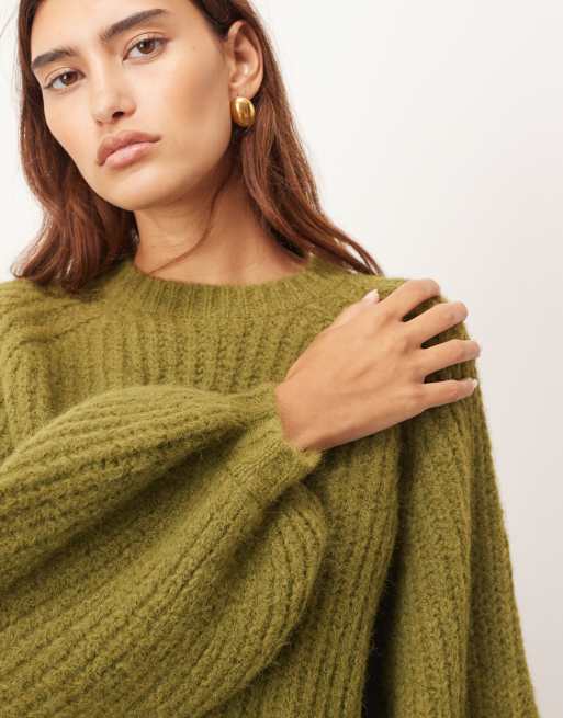 ARRANGE rib knit oversized jumper with wool in khaki, 3 of 4