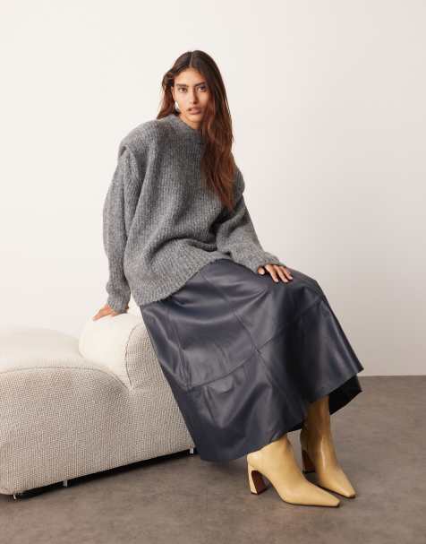 ARRANGE rib knit shoulder pad sweater in charcoal - view 1