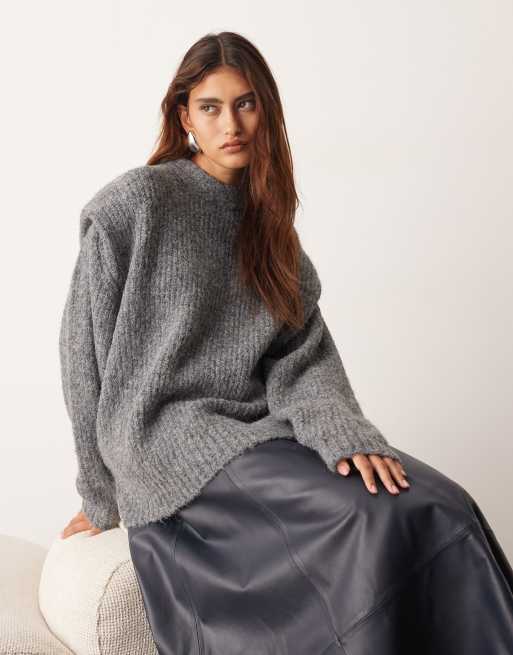 ARRANGE rib knit shoulder pad sweater in charcoal, 3 of 4